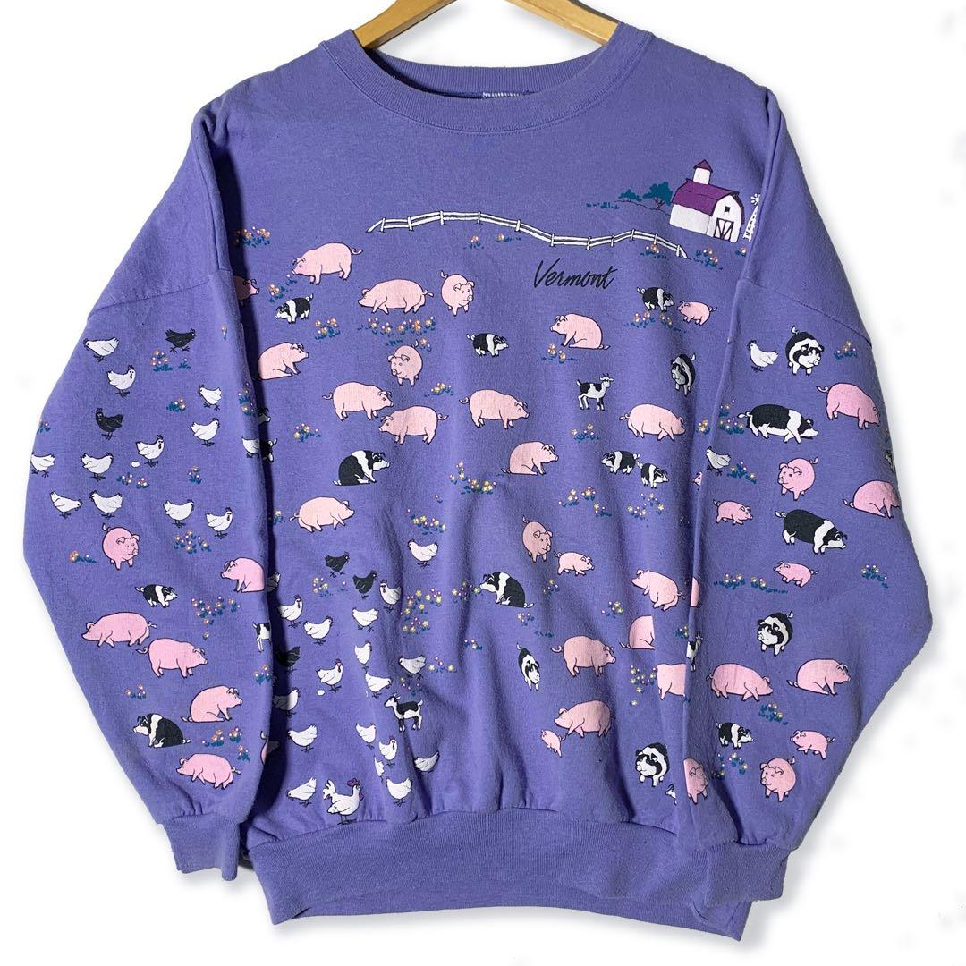 ちびとら様　80’s USA製 牧場柄 総柄スウェット 動物柄 豚 鶏