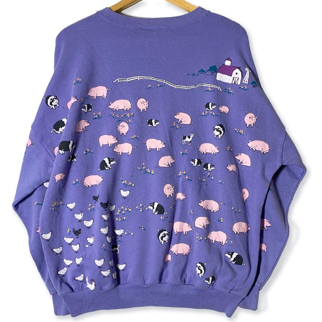 ちびとら様　80’s USA製 牧場柄 総柄スウェット 動物柄 豚 鶏