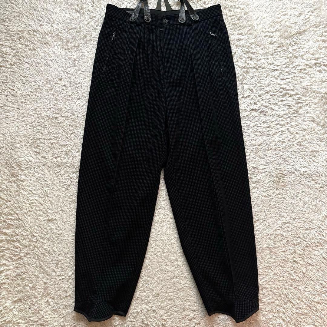 ★千鳥格子★ ジョルジオ アルマーニ ベロア パンツ 本革タグ 永久クリース 黒