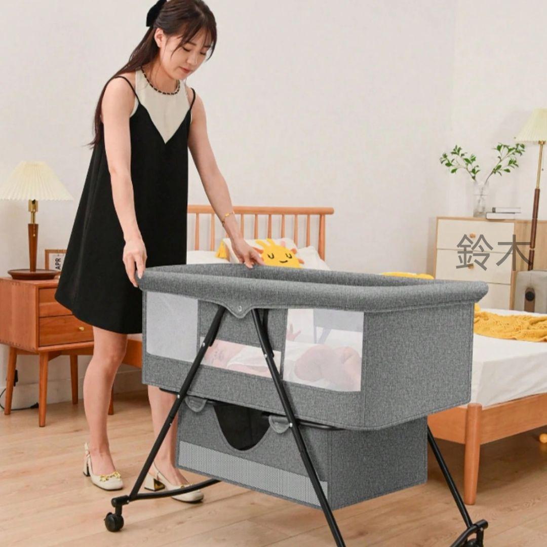 グレー メッシュ ベビーベッド キャスター付き