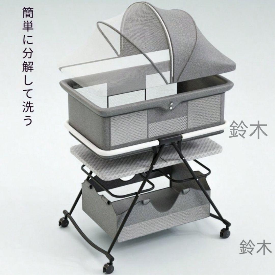 グレー メッシュ ベビーベッド キャスター付き