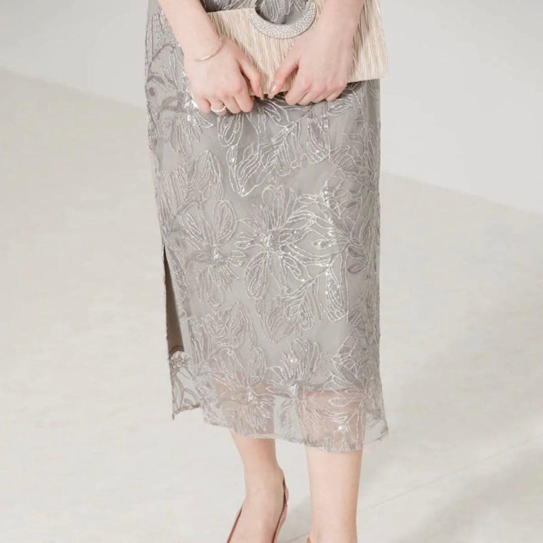 LEJA フリルオフショルダースパンコール　ラインドレスMグレー