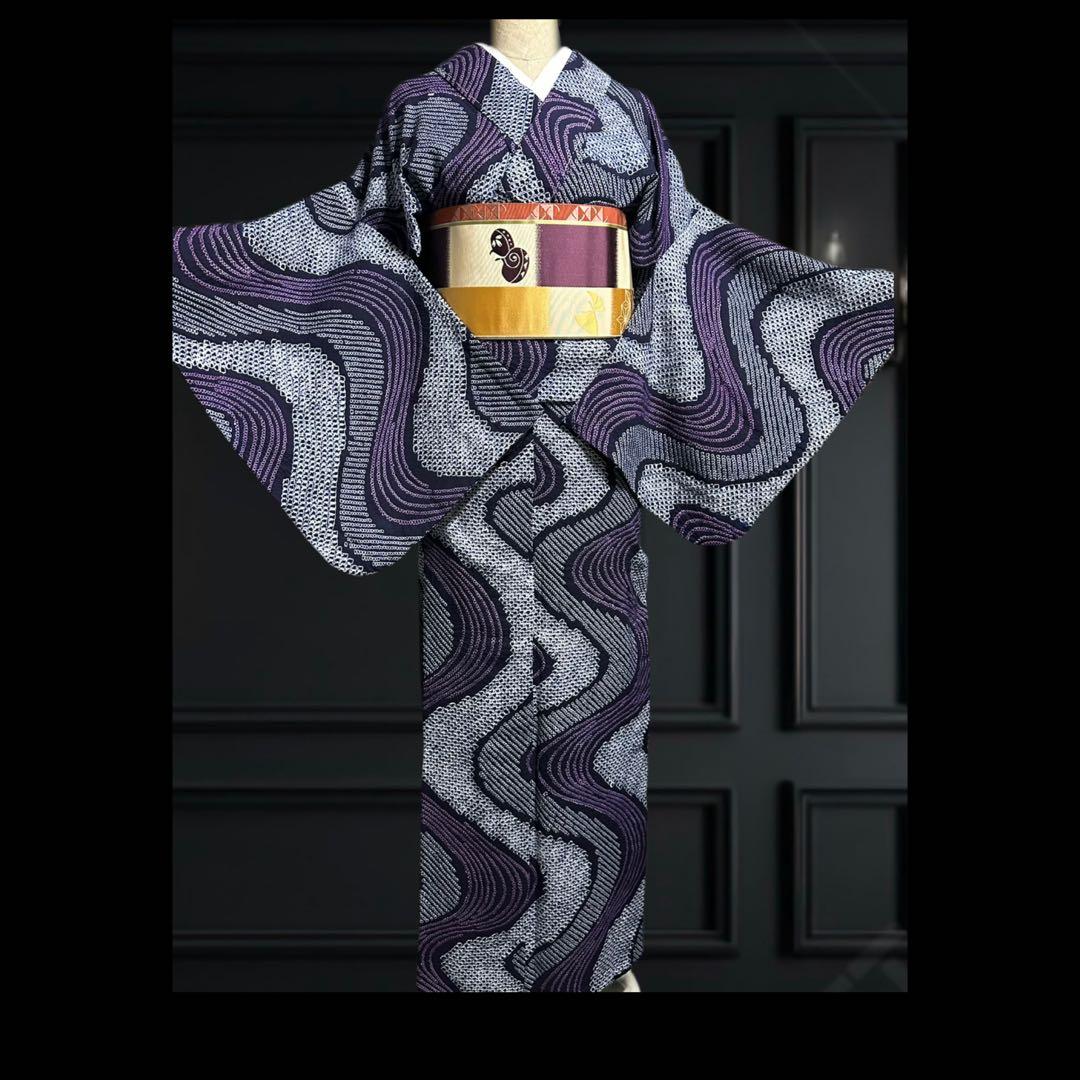 2点セット　新品美品✨身丈165裄丈67 有松鳴海絞り浴衣 藍染に紫　波紋様