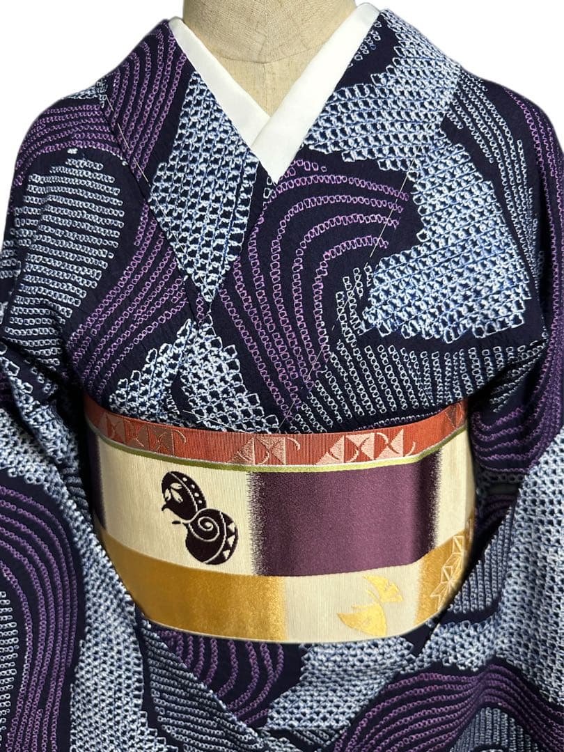 2点セット　新品美品✨身丈165裄丈67 有松鳴海絞り浴衣 藍染に紫　波紋様