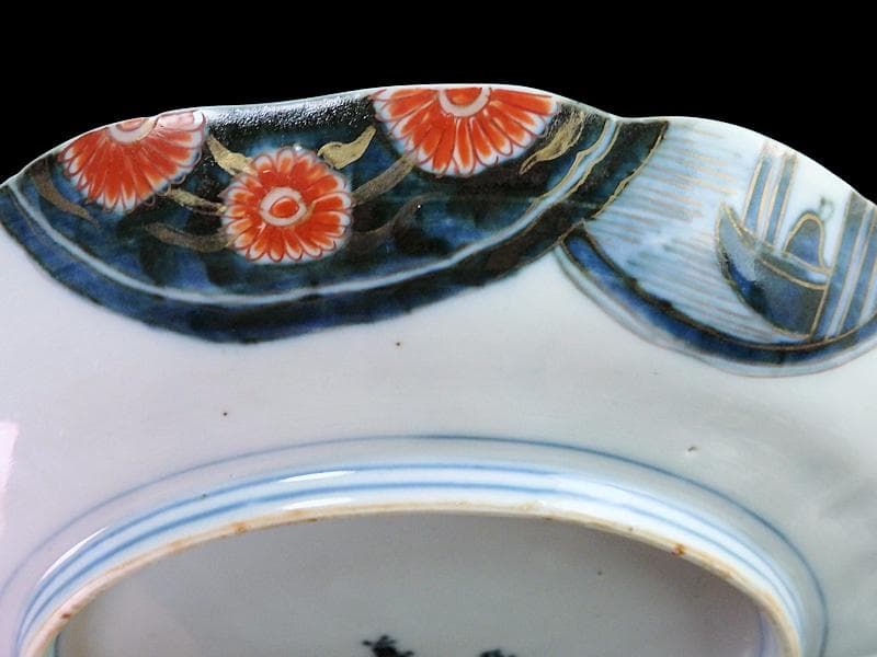 古伊万里　金襴手　色絵　鶴に菊　赤壁の賦図　８寸皿　C719AS-CZs