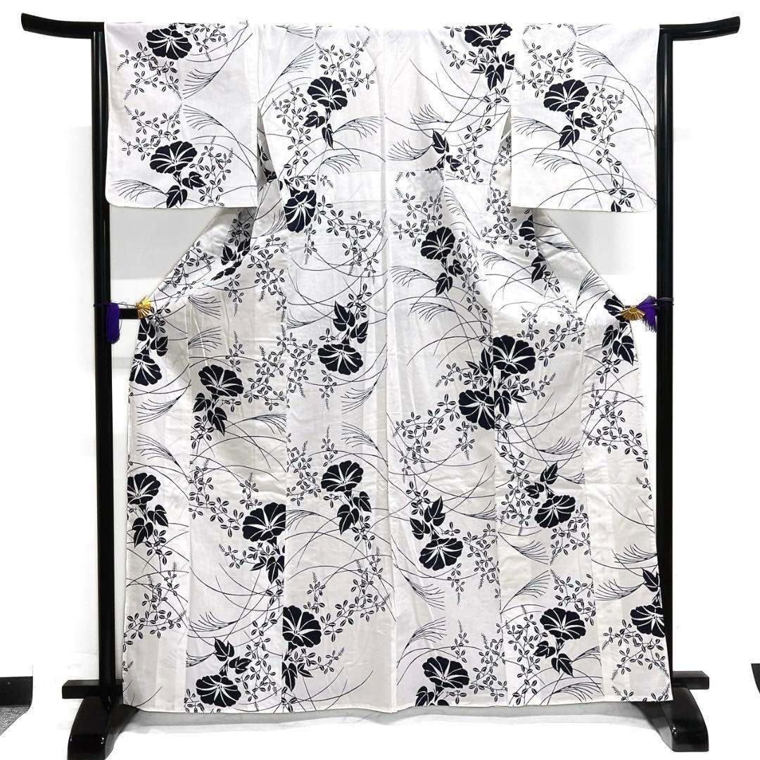 浴衣　朝顔　萩　稲穂　白地　ネイビー　着物　074a d