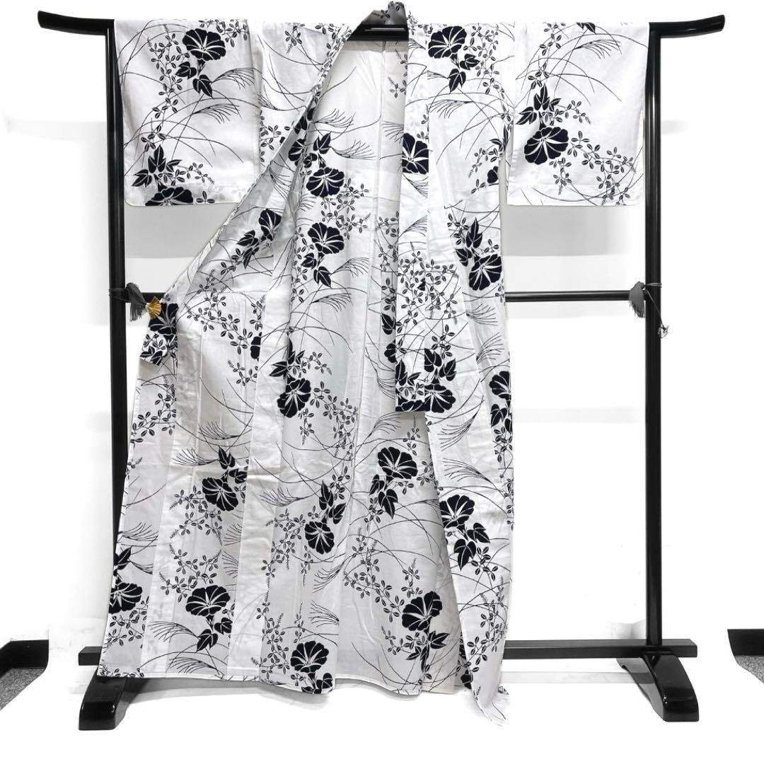 浴衣　朝顔　萩　稲穂　白地　ネイビー　着物　074a d