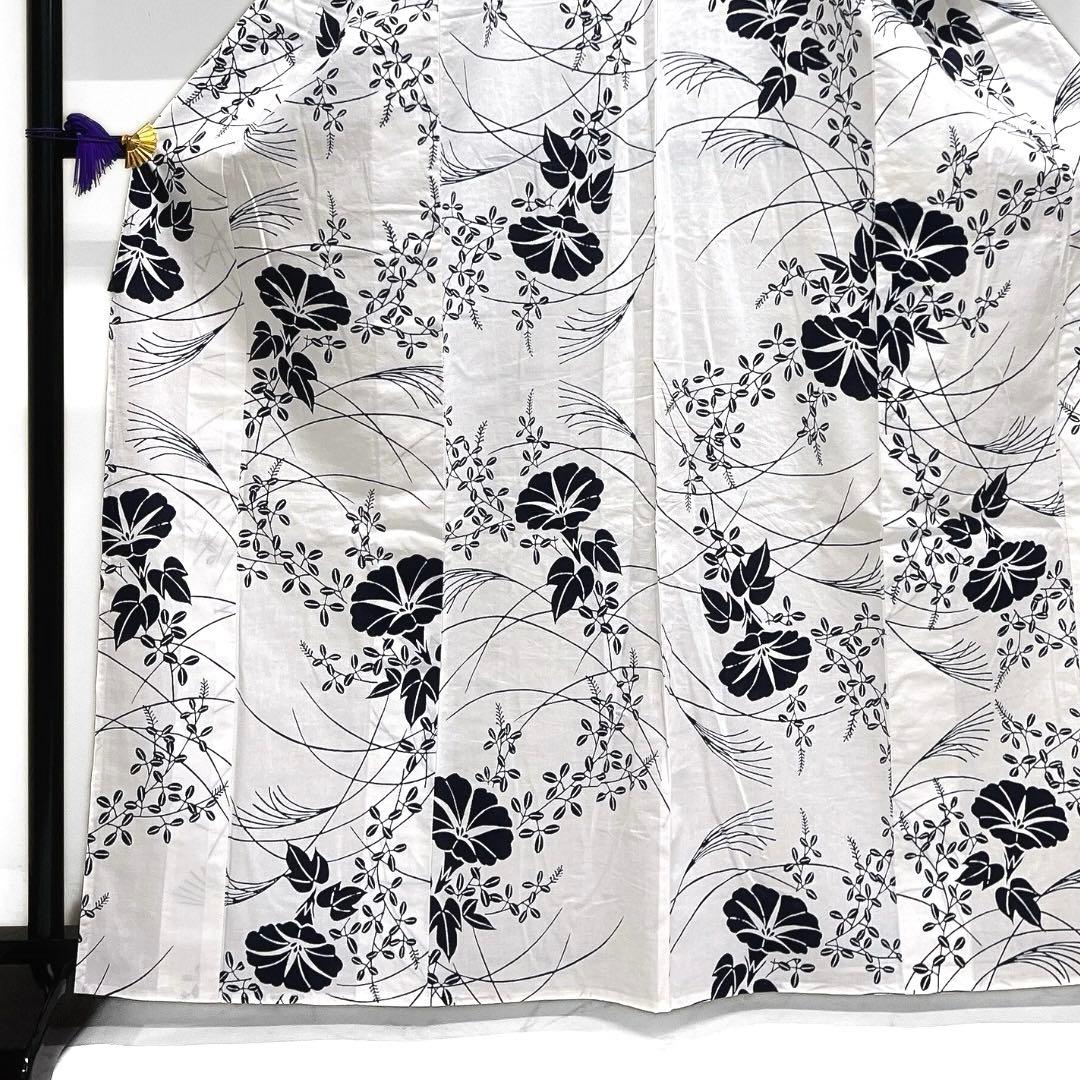 浴衣　朝顔　萩　稲穂　白地　ネイビー　着物　074a d