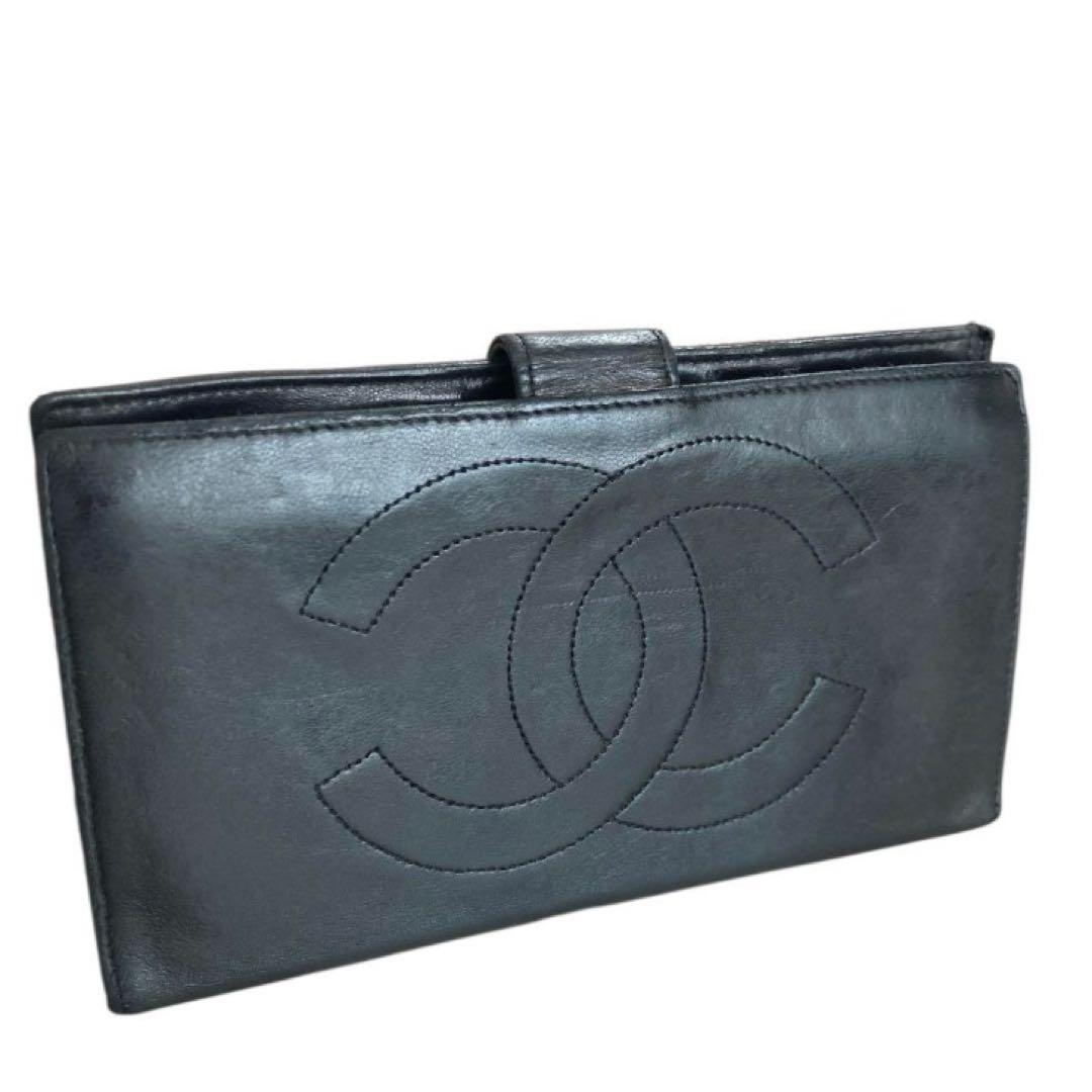 CHANEL オールドシャネル　ラムレザー　ガマ口　長財布　ココマーク　ブラック