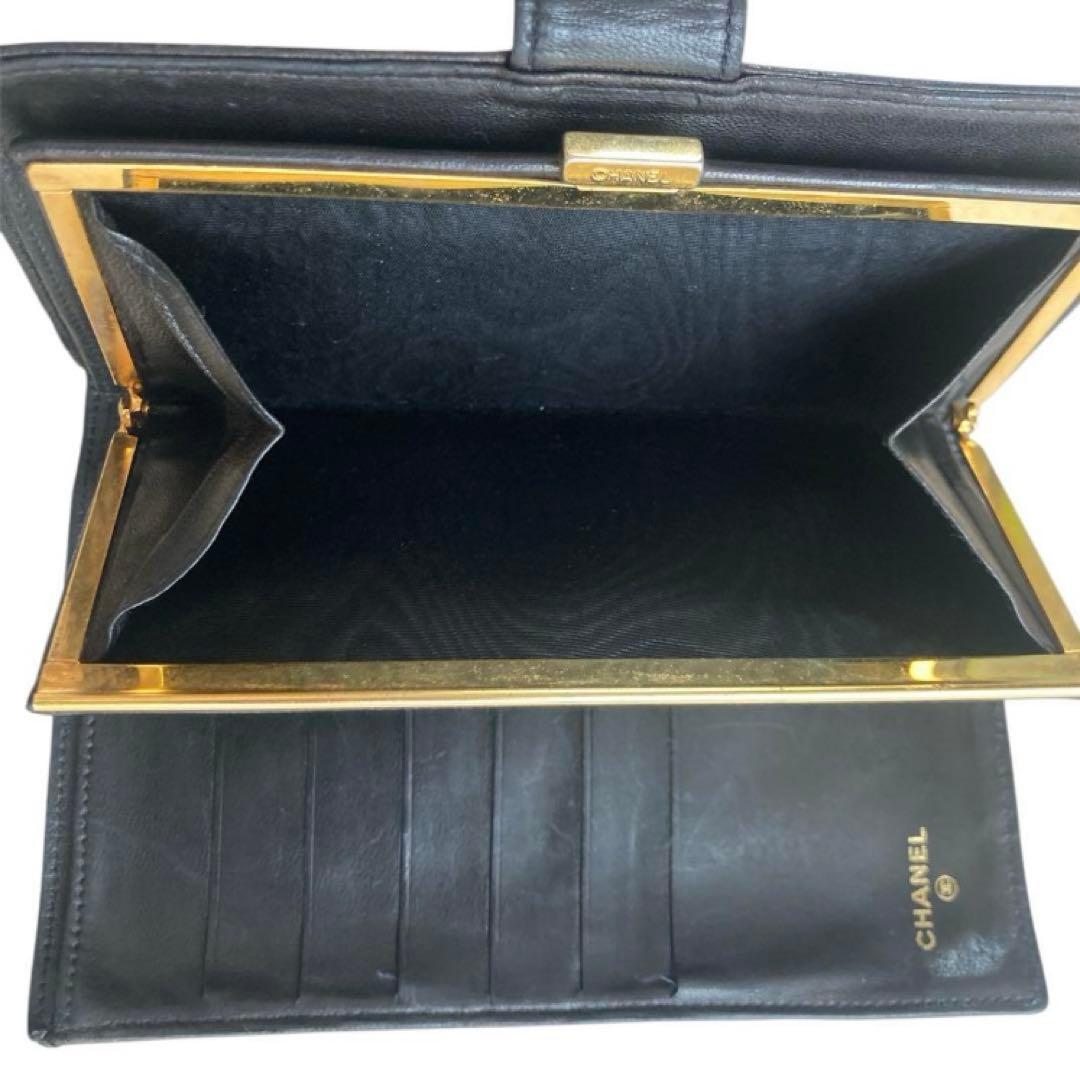 CHANEL オールドシャネル　ラムレザー　ガマ口　長財布　ココマーク　ブラック