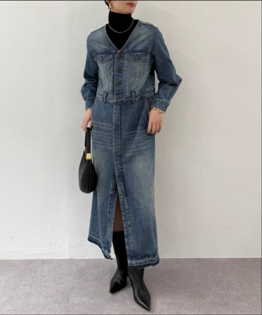 新品タグ付【loungedress】ノーカラーデニムワンピース