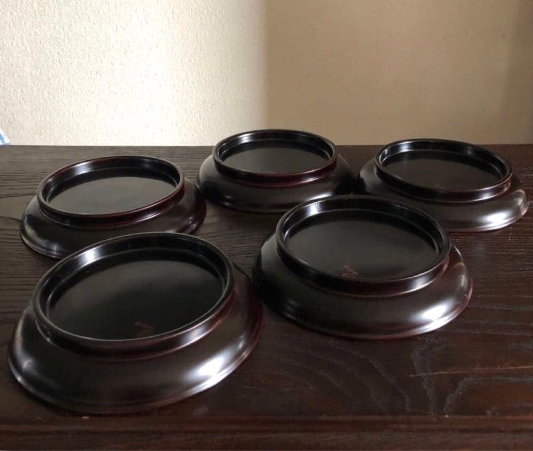 国産 浄法寺塗 木製 漆器 椿皿 楪子 銘々皿 溜塗 懐石 茶道具 5枚揃