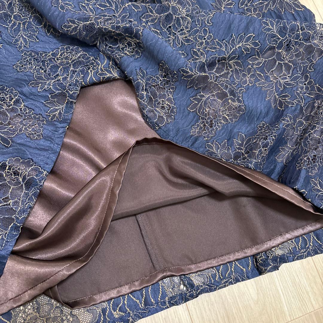 東京ソワール UN-FURL フォーマル ドレス ネイビー レース 花柄 刺繍