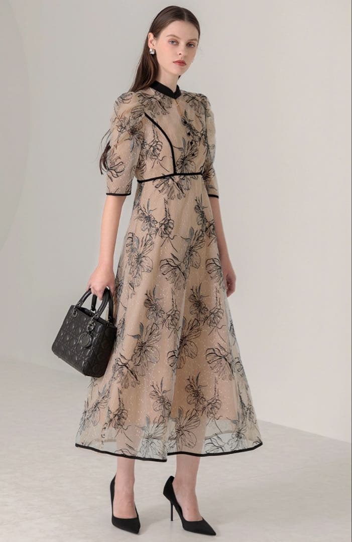 Leja 配色パイピングプチハイネック花柄刺繍ラメレースロング丈ドレスワンピース