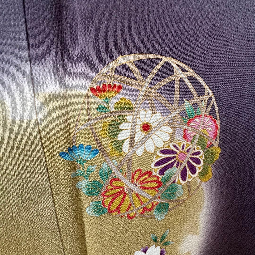 超美品　正絹　袷　訪問着　着物　168　裄70　ちりめん　金彩　紫　藤色　トール