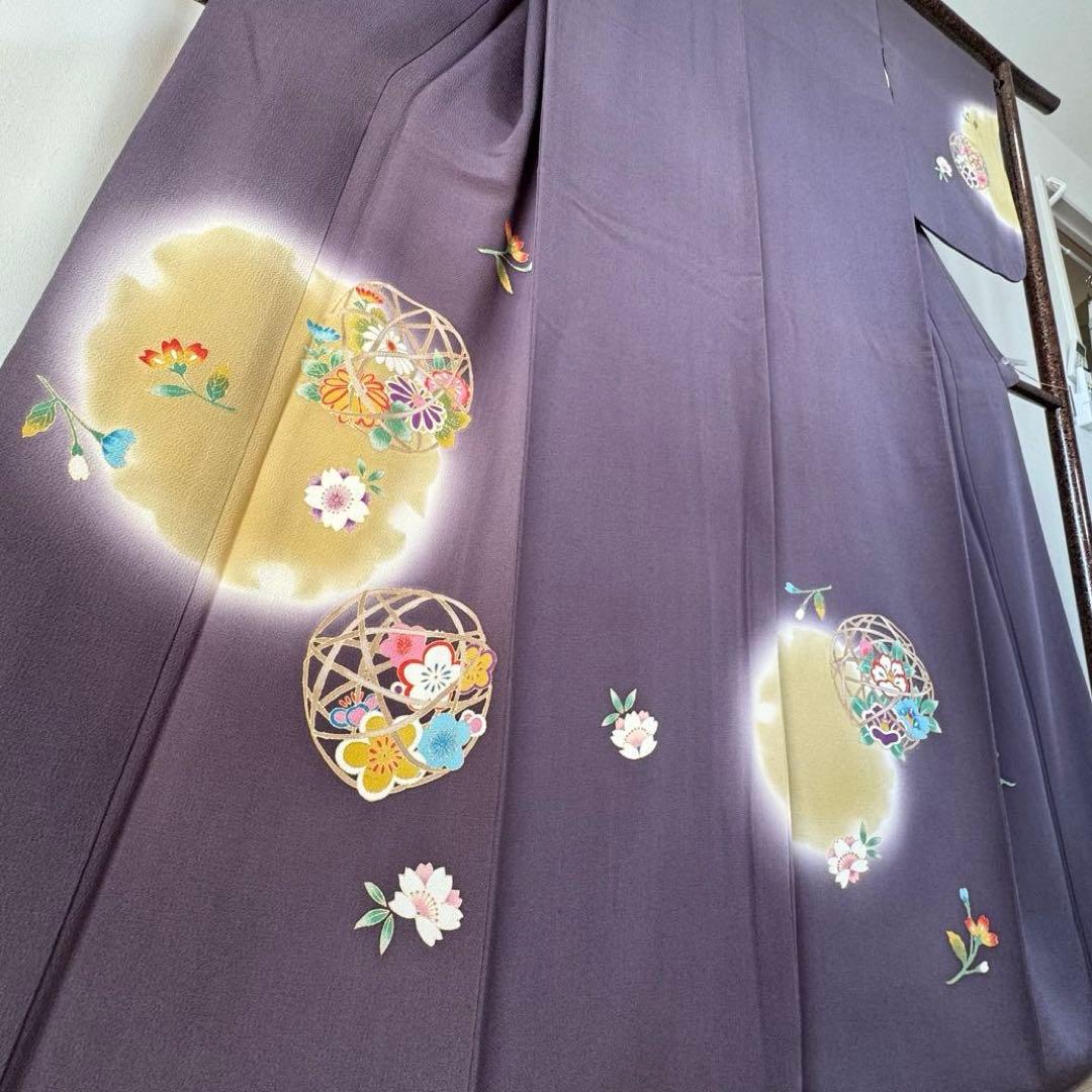 超美品　正絹　袷　訪問着　着物　168　裄70　ちりめん　金彩　紫　藤色　トール