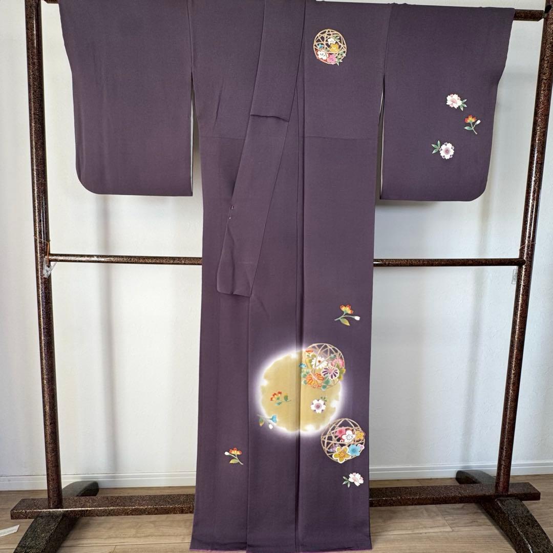 超美品　正絹　袷　訪問着　着物　168　裄70　ちりめん　金彩　紫　藤色　トール