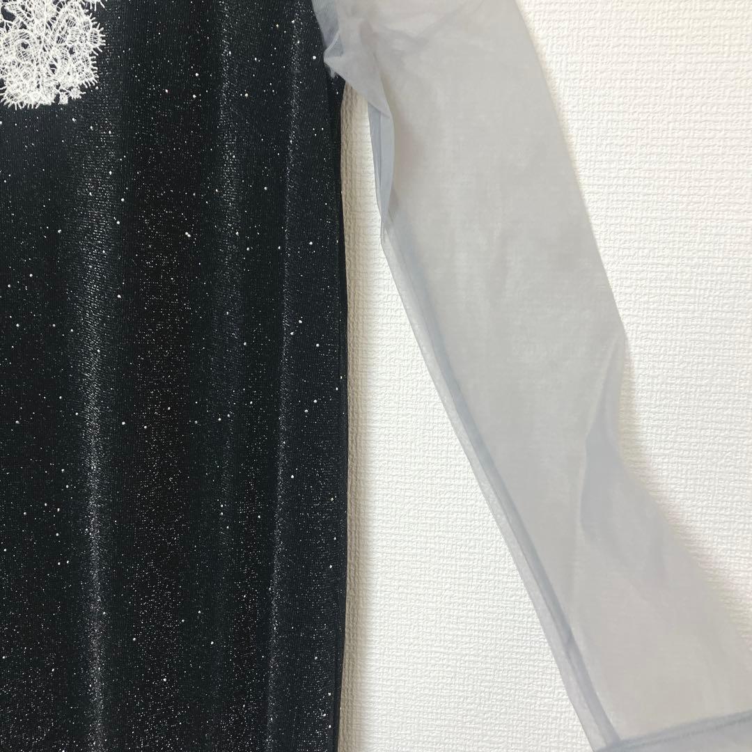 美品　レジャ　レースネック透け袖スリットキラキラロングドレスワンピース