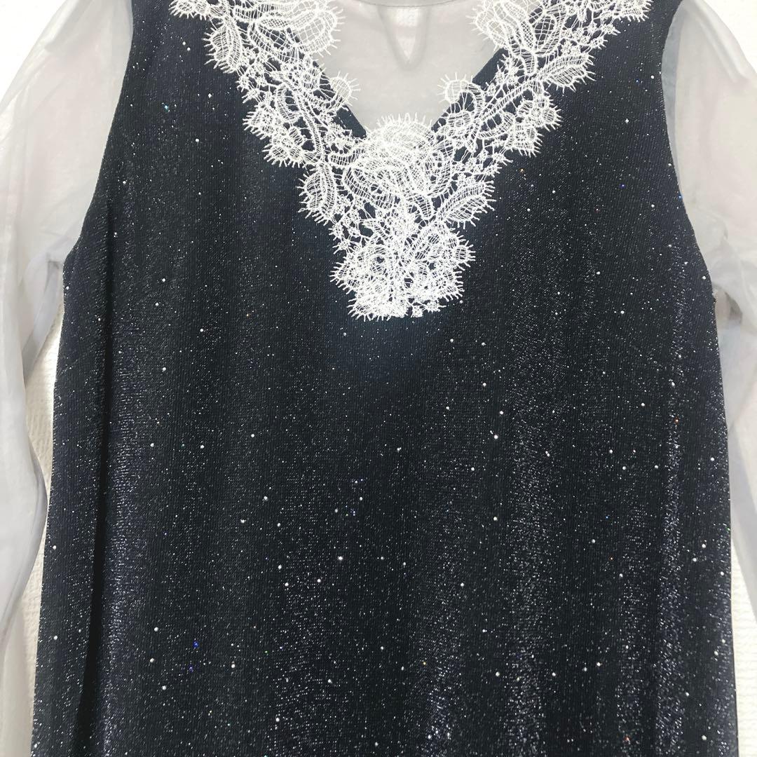 美品　レジャ　レースネック透け袖スリットキラキラロングドレスワンピース