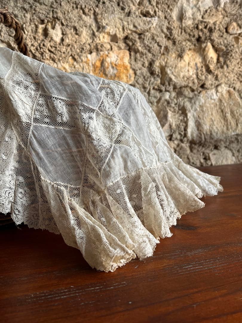 ◆フランスアンティーク｜お宝級1900年代エクリュレースのマルチクロス透け感シミ