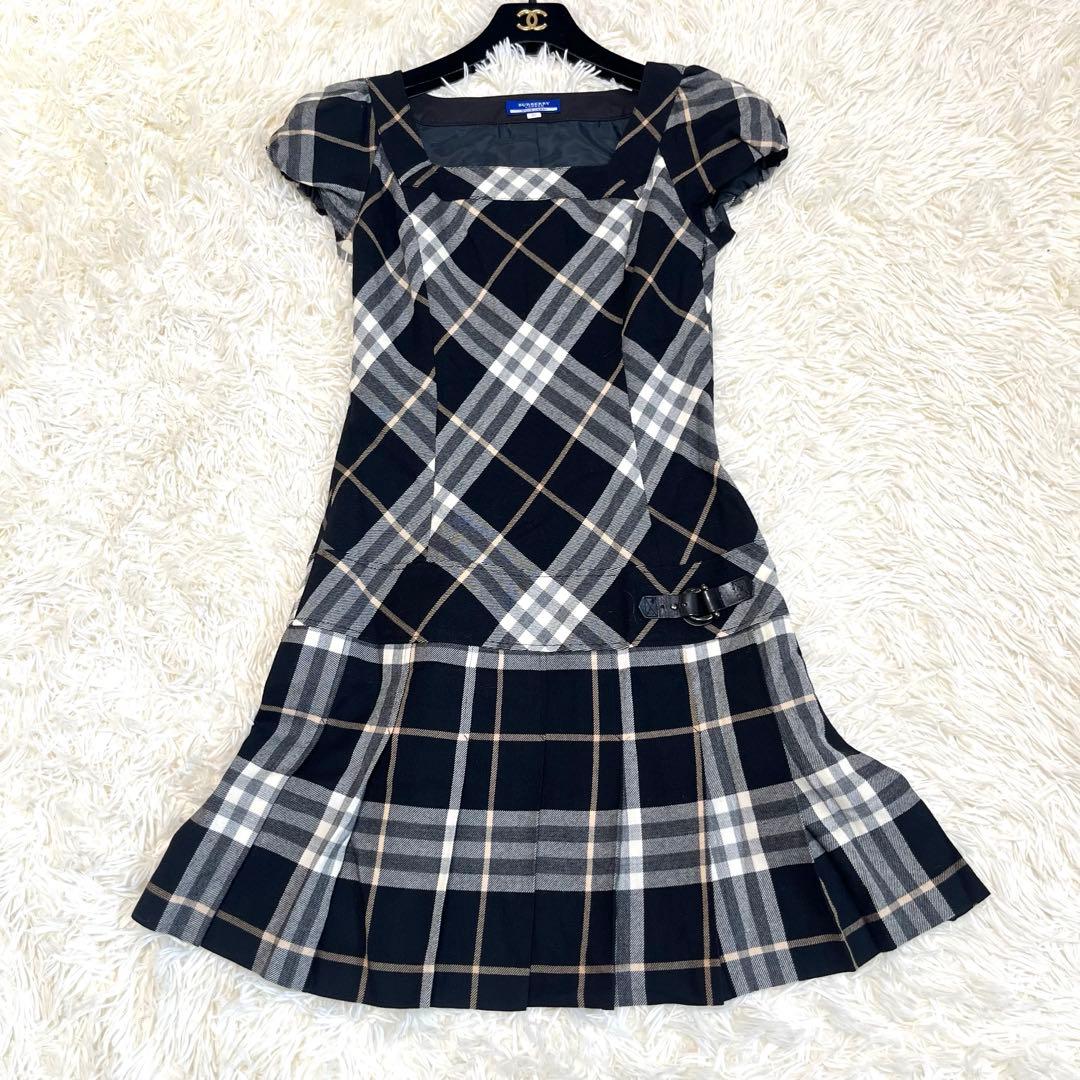 バーバリーブルーレーベル　プリーツワンピース 36 ノバチェック　パフスリーブ