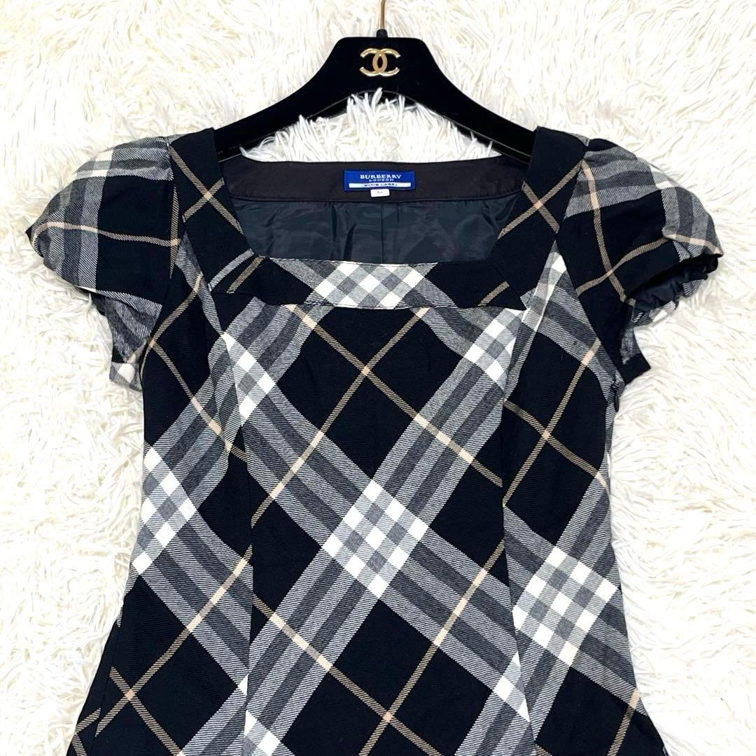 バーバリーブルーレーベル　プリーツワンピース 36 ノバチェック　パフスリーブ