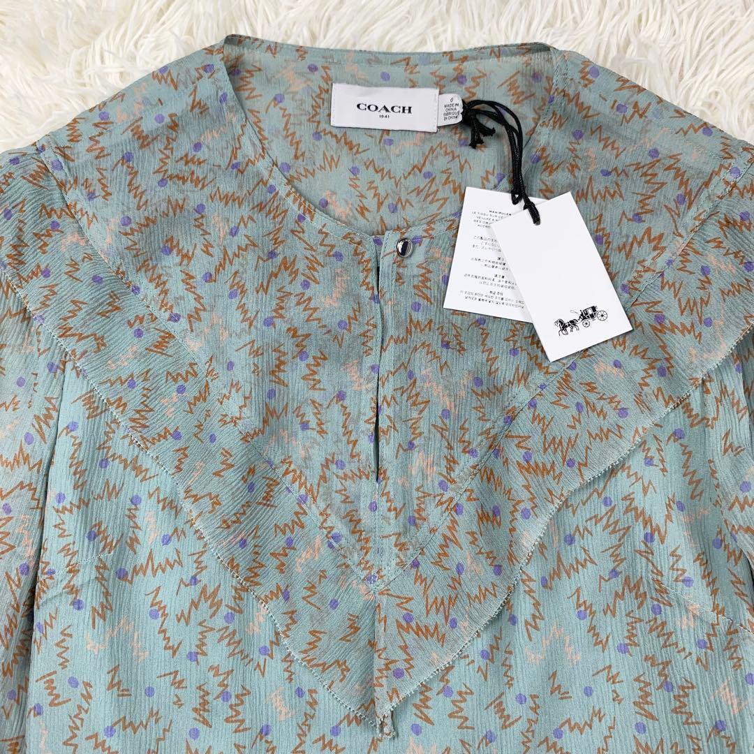 新品　COACH コーチ　シルク100% シフォンワンピース　総柄　グリーン系