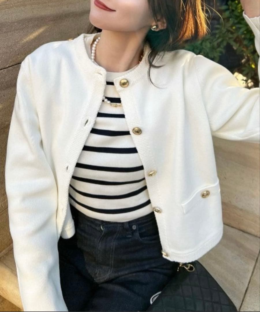 〜週末限定値下げ中〜【anuans】オリジナルボタンノーカラーニットジャケット