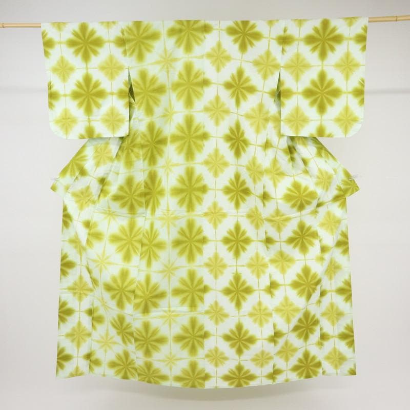 《長尺■しぼり浴衣◆雪花絞■板締め絞り■白×菜種油色◆木綿着物◆UG7-15》
