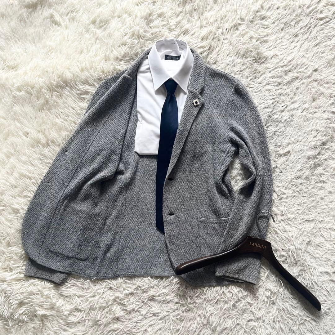 <美品>LARDINI グレー コットン ニットジャケット ブートニエールM相当