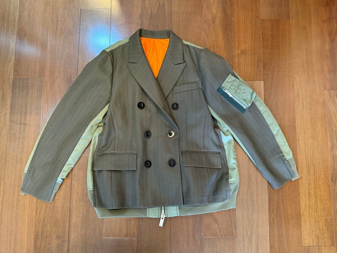 sacaiジャケット/サイズ2/ウール/カーキ/ストライプ/22-06325