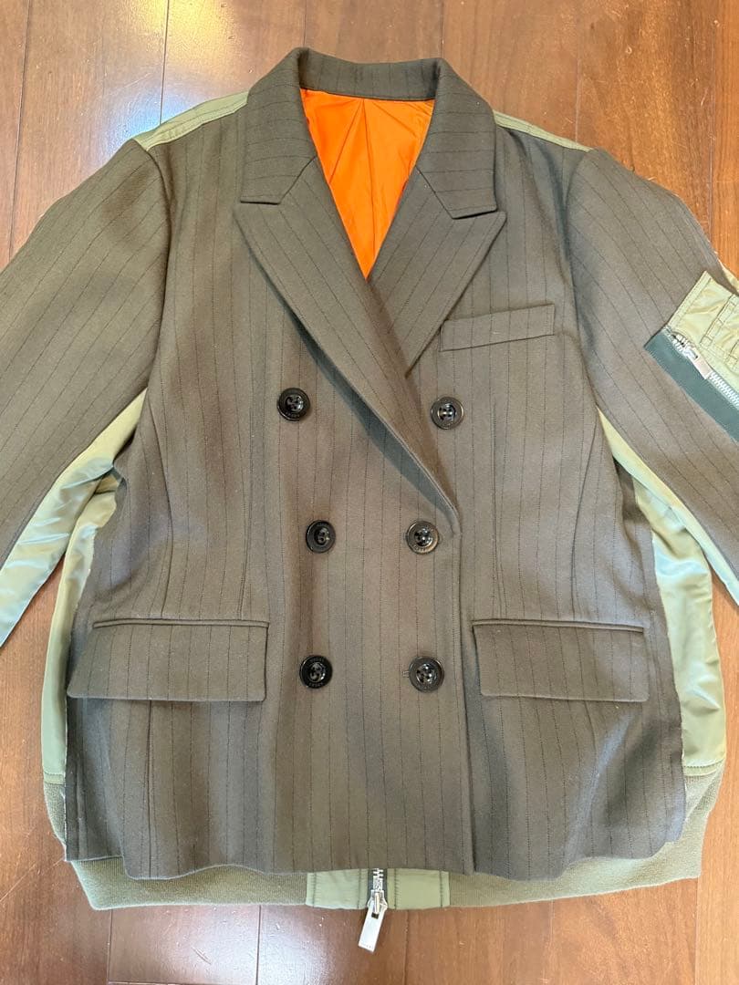 sacaiジャケット/サイズ2/ウール/カーキ/ストライプ/22-06325