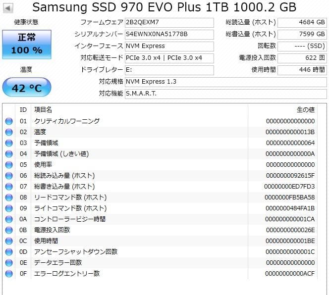 SSD 1TB NVMe SAMSUNG 970 EVO PLUS 約450時間