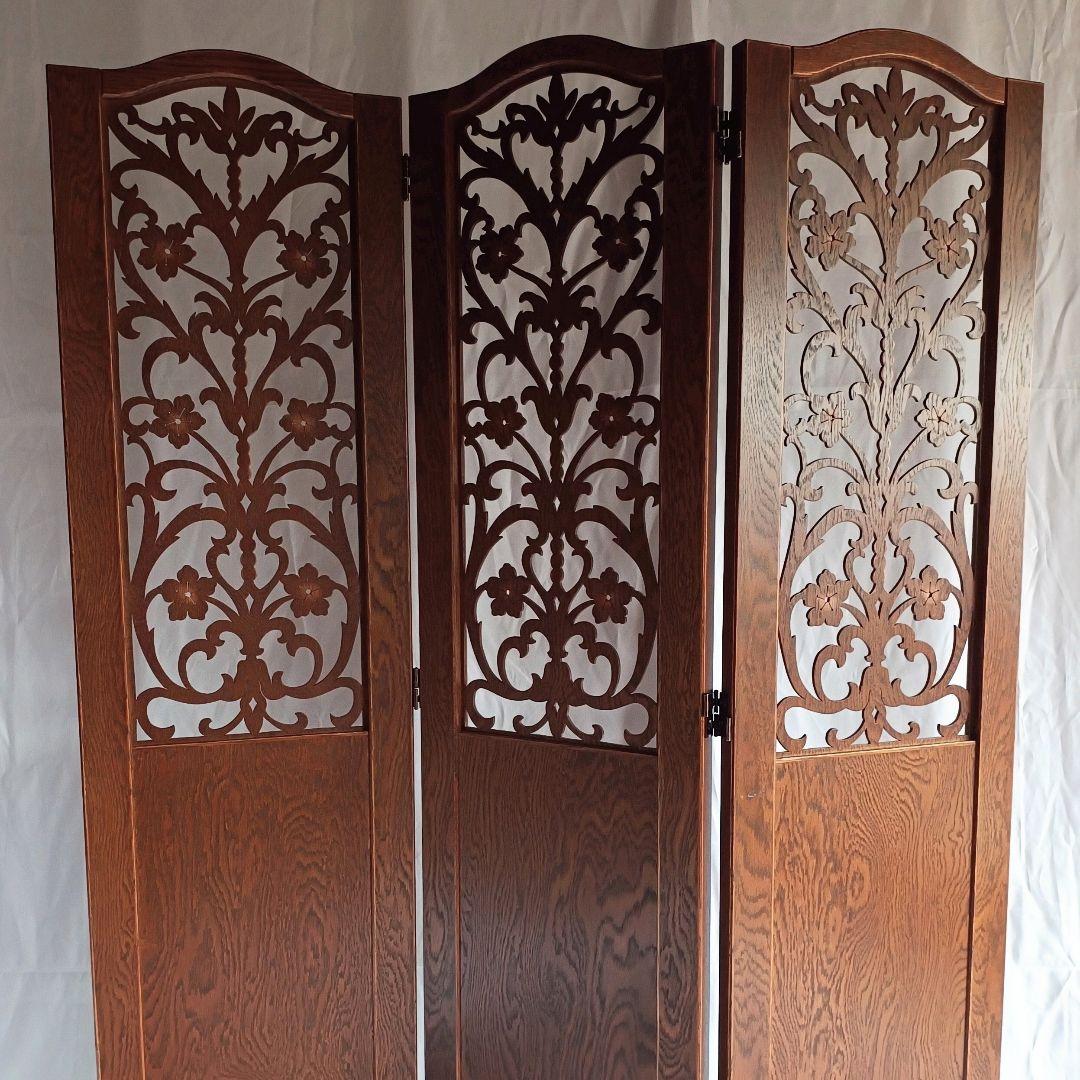 【希少】木目の美しい 花柄 パーテーション 3連 衝立 間仕切り ヴィンテージ