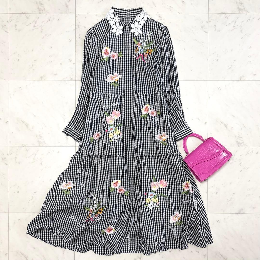 美品 チェスティ ギンガムチェック ティアードシャツワンピース 花刺繍 サイズ0