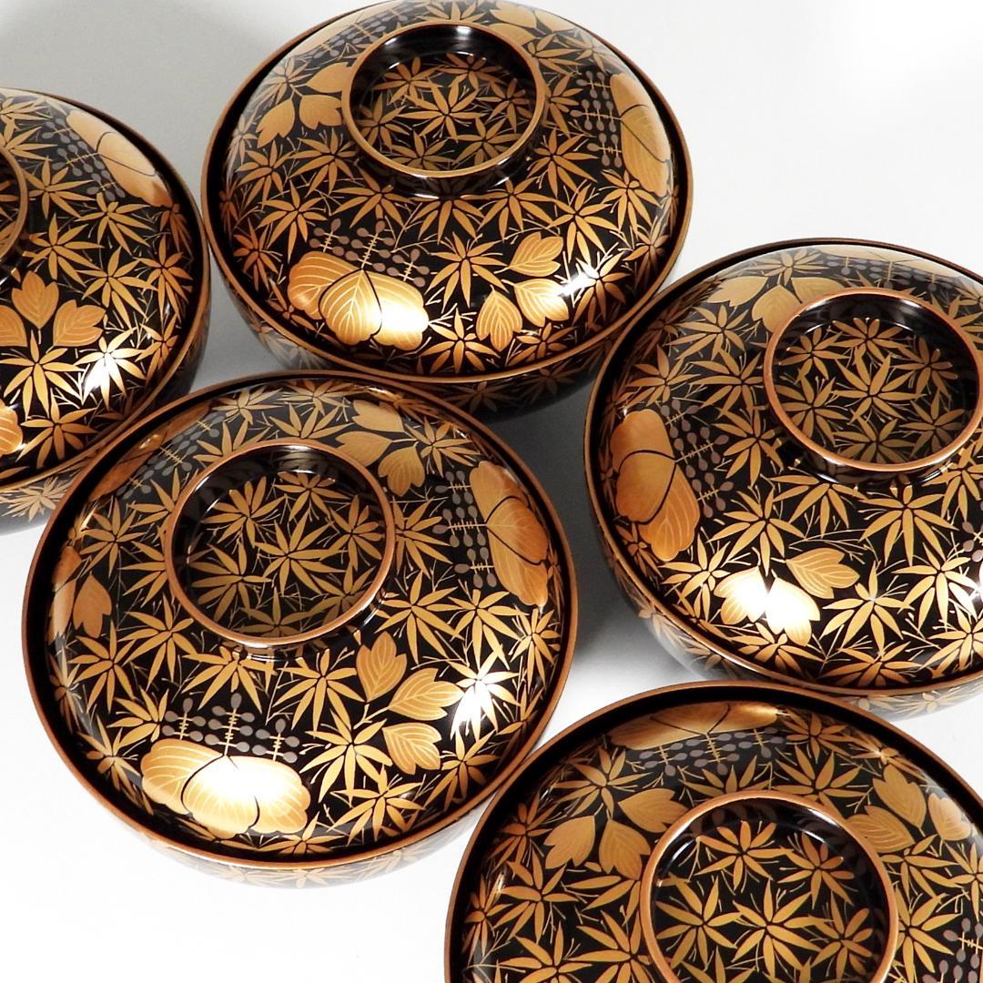 木田理平造 本金時代蒔絵 桐竹紋 吸物椀 五客 共箱