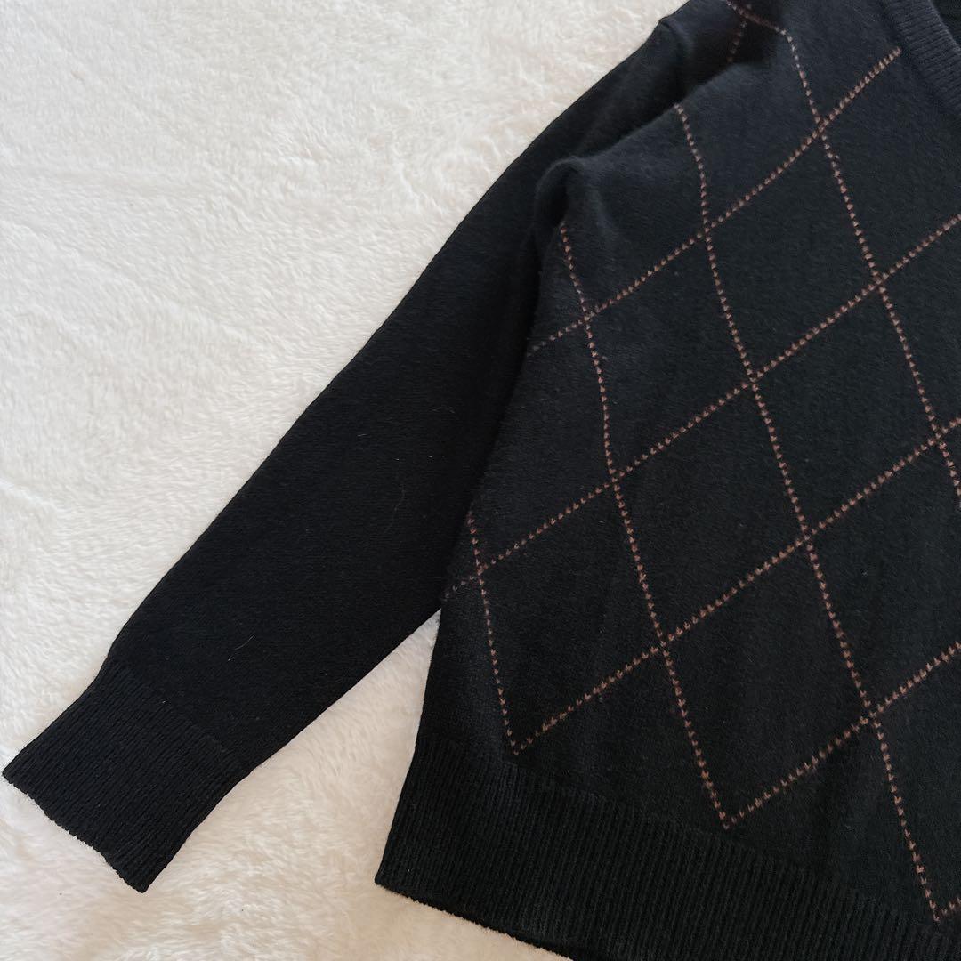 【マーガレットハウエル】アーガイル柄Vネックニット ウールカシミヤシルク 黒L