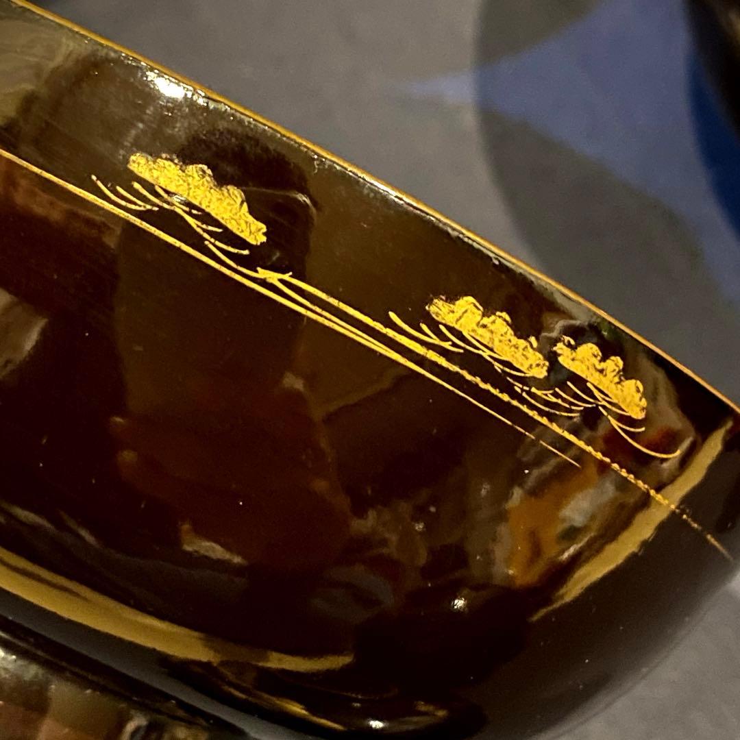 時代物骨董　木製漆器吸物椀七客　蒔絵・黒内朱　源氏物語　松風・葵の上　7客組