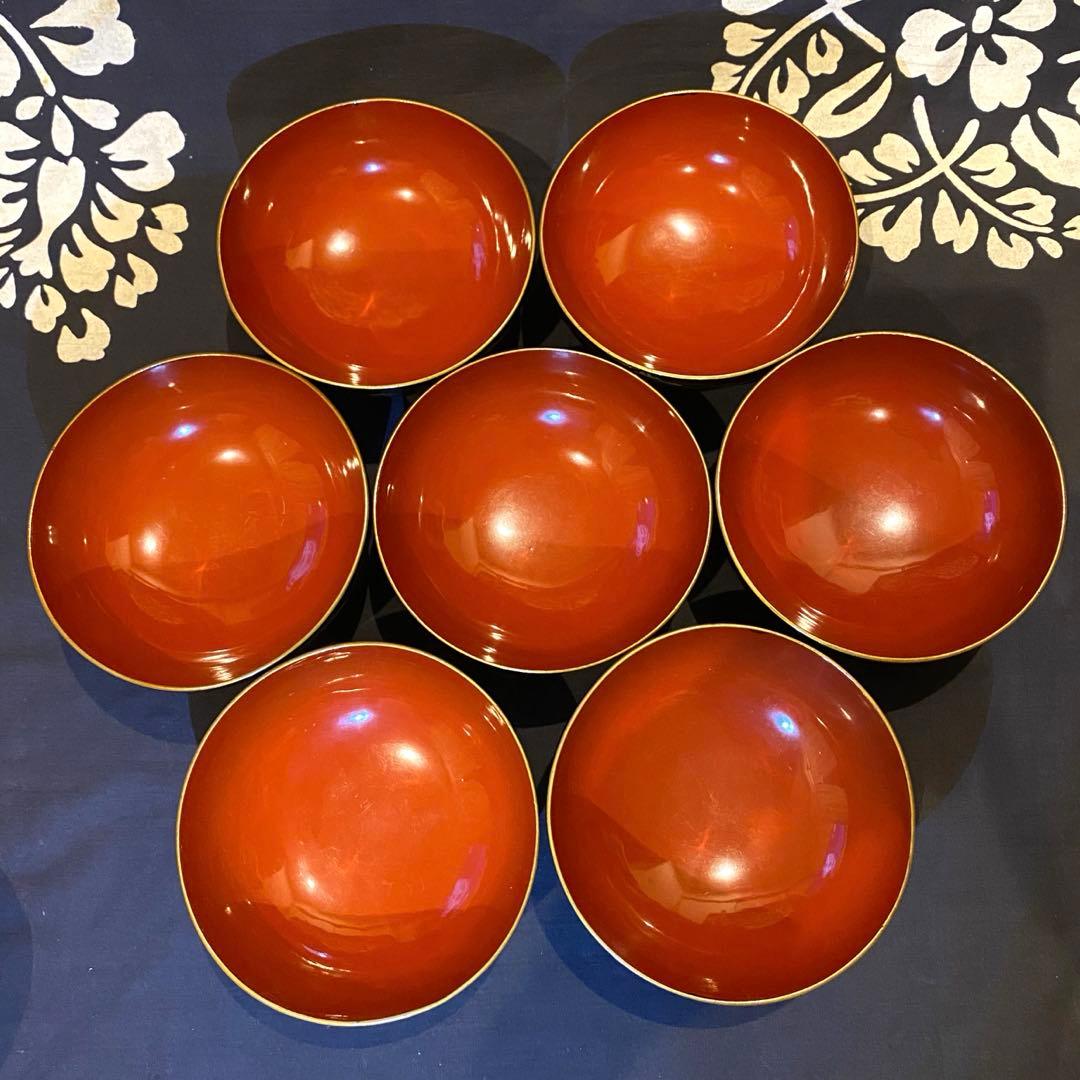 時代物骨董　木製漆器吸物椀七客　蒔絵・黒内朱　源氏物語　松風・葵の上　7客組