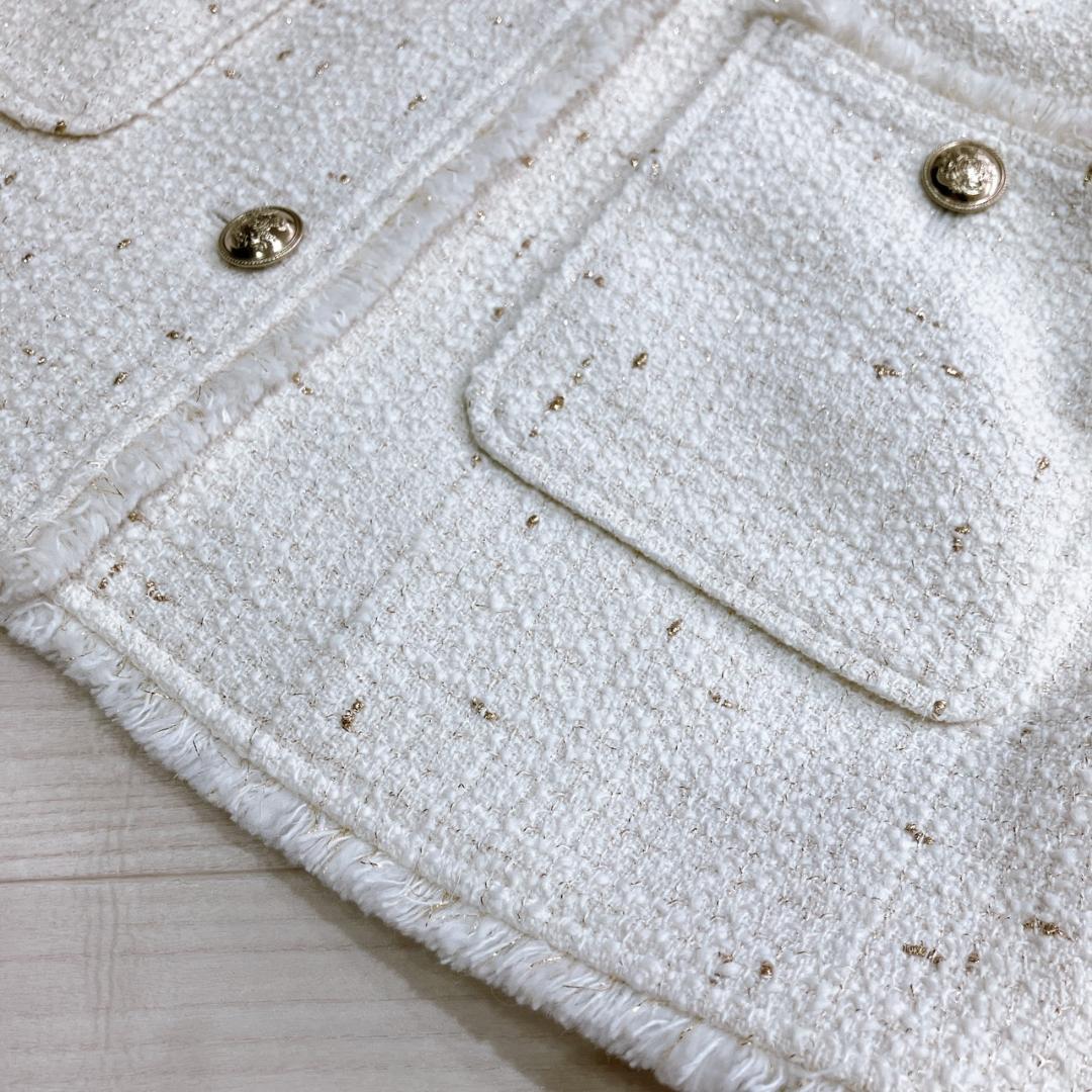 【極美品】　23区　イタリア製布地フリンジラメツイードノーカラージャケット