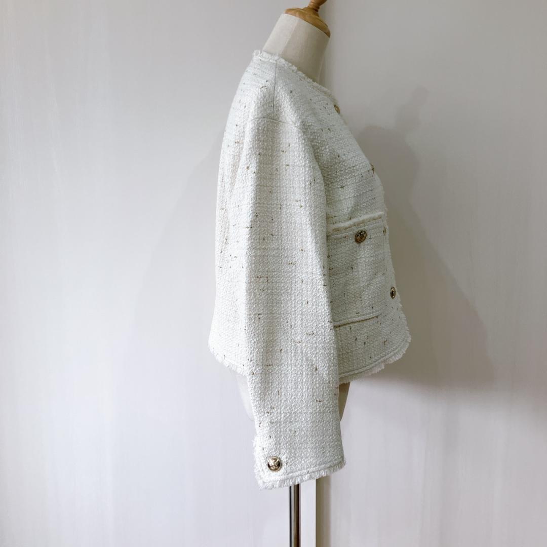 【極美品】　23区　イタリア製布地フリンジラメツイードノーカラージャケット