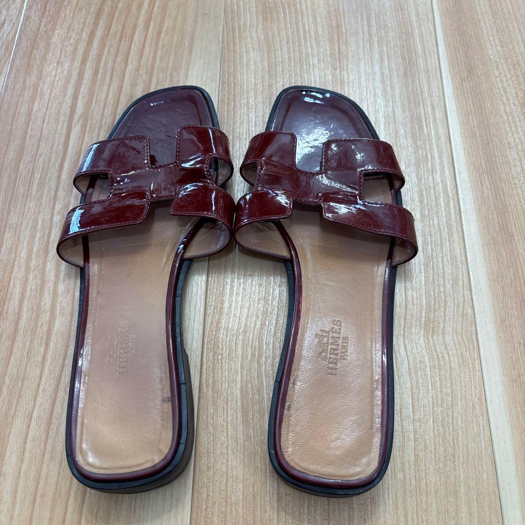 エルメス　パテントレザー　革オラン　サンダル　37 ルージュアッシュ　エンジ