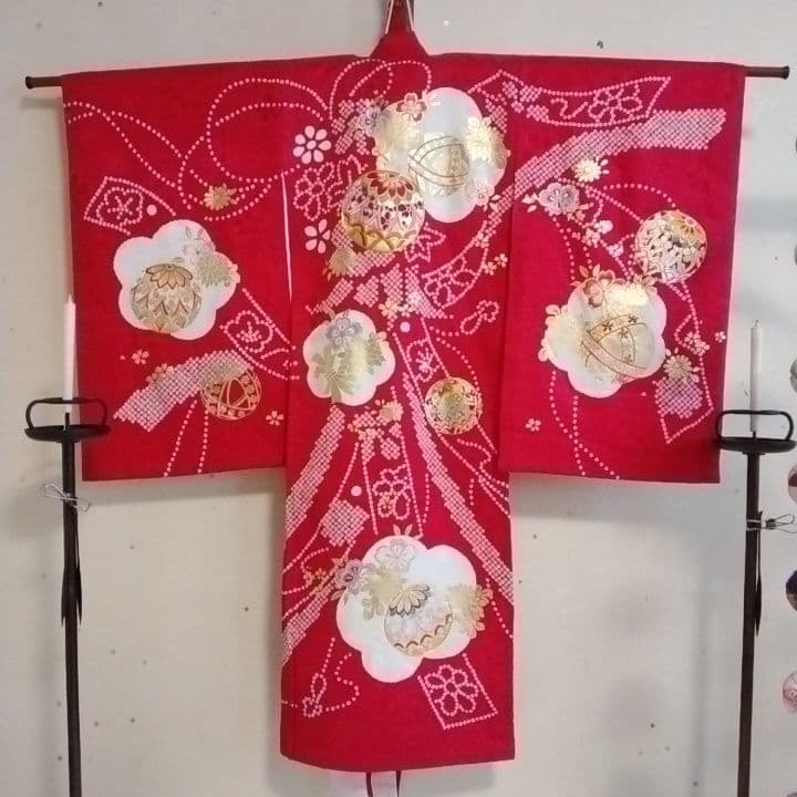 【美品】お宮参り 正絹　産着　祝着　赤白金　七五三　長襦袢付き