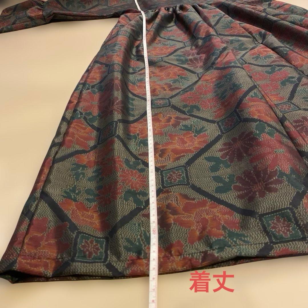 着物リメイク　大島紬ファッション　フリル袖のギャザーワンピース　マキシ丈