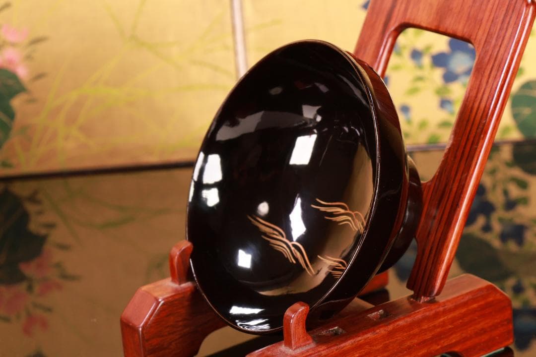 ジン、BJ022 時代輪島塗　波に雲上富士図金蒔絵　吸物椀　二客　木製