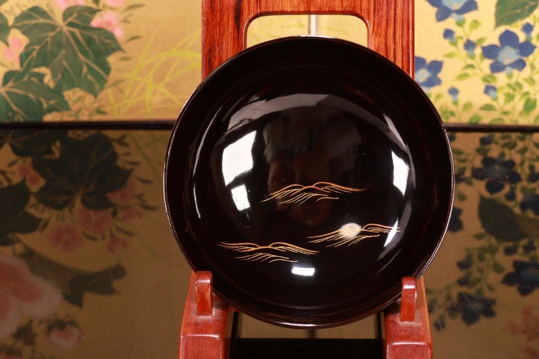 ジン、BJ022 時代輪島塗　波に雲上富士図金蒔絵　吸物椀　二客　木製
