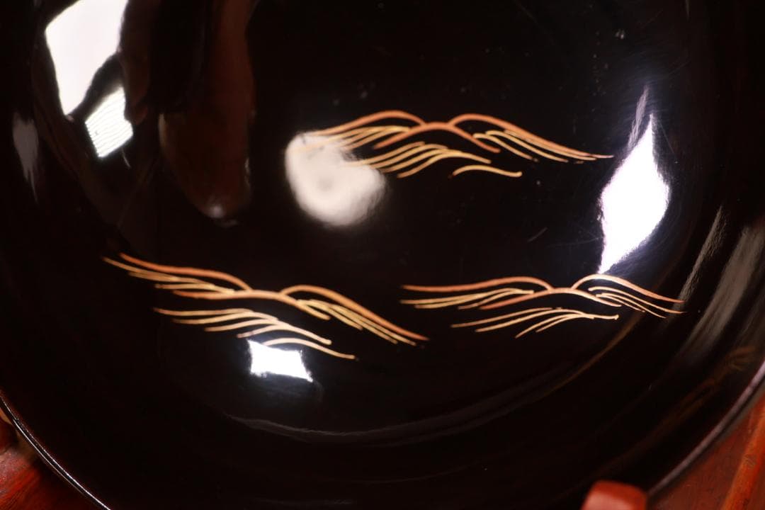 ジン、BJ022 時代輪島塗　波に雲上富士図金蒔絵　吸物椀　二客　木製