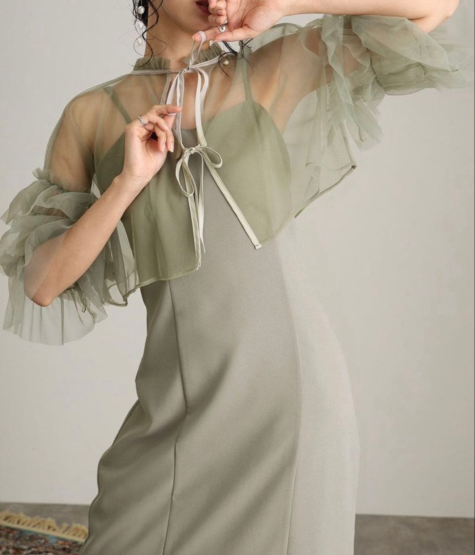 プルーブー　POURVOUS ギャザーチュールセットドレス　グリーン　Sサイズ