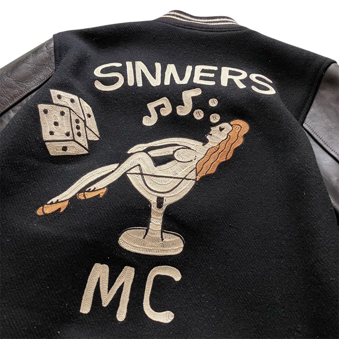 ジェラード 50's復刻 \"SINNERS\" チェーン刺繍 本革袖スタジャン 黒