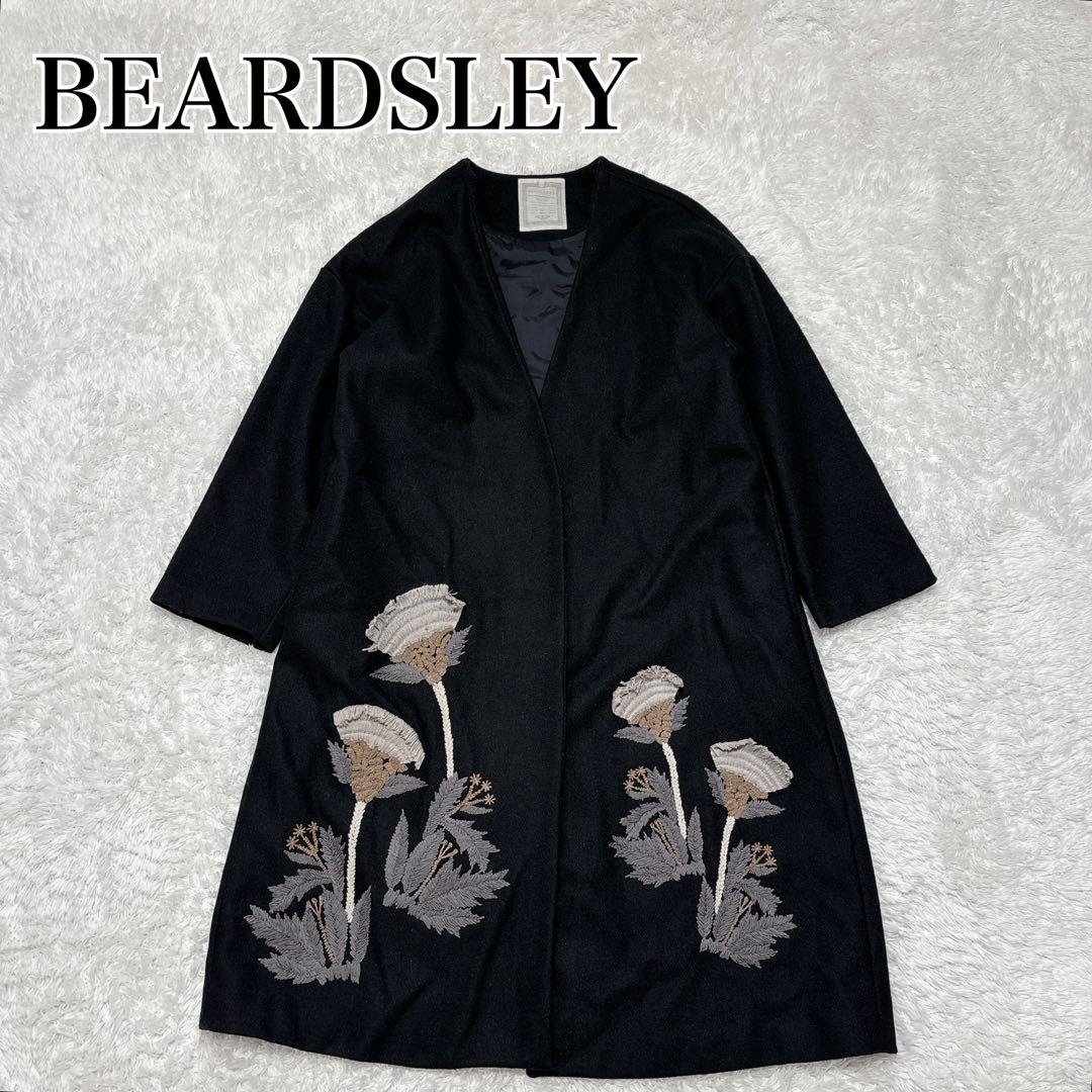 【BEARDSLEY】刺繡デザイン ノーカラーコート 黒 ウール混 size F